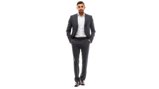 Confident businessman walking in a professional suit against a white background. - Powered by Adobe