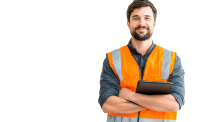 Confident construction worker in safety vest with clipboard, white isolate background