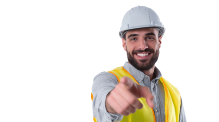 Confident construction worker smiling and pointing, white isolate background.