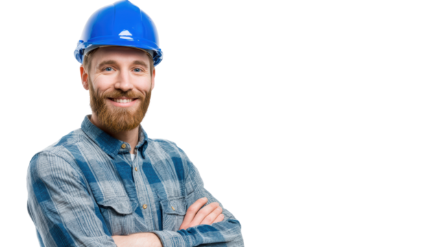 Confident construction worker in blue helmet smiles with arms crossed, isolated on white background.