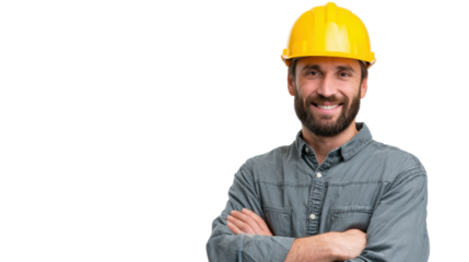 Confident construction worker smiling, wearing a yellow hard hat, arms crossed, white isolated background.