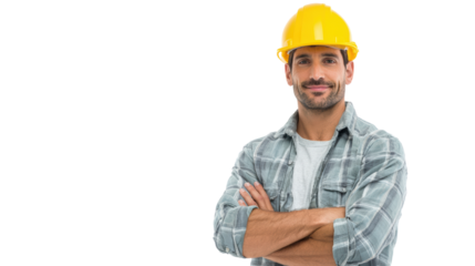 Confident construction worker wearing a yellow hard hat and plaid shirt, arms crossed, smiling, white background.