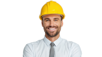 Confident man in a yellow hard hat smiling against a transparent background.