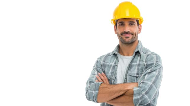 Confident construction worker wearing a yellow hard hat and plaid shirt, arms crossed, smiling, white background.