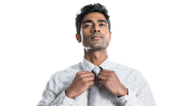 Confident man adjusting his tie, ready for a business meeting, isolated on a white background.