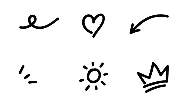 Set of hand drawn black scribbles elements animation on transparent background. 4k Video