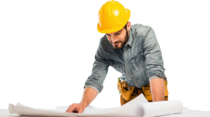Construction worker analyzing blueprints on a table, focused and detailed approach, isolated background.