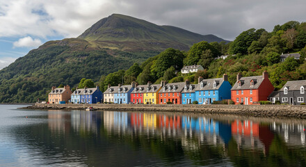 Colorful houses line the shore of portree with a mountain backdrop and water reflections visible too
