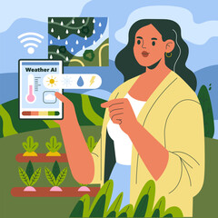 Woman Using Weather AI on Tablet in Garden Vector Illustration