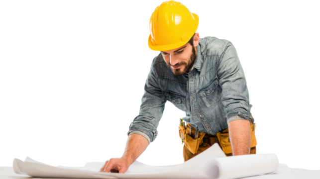 Construction worker analyzing blueprints on a table, focused and detailed approach, isolated background.