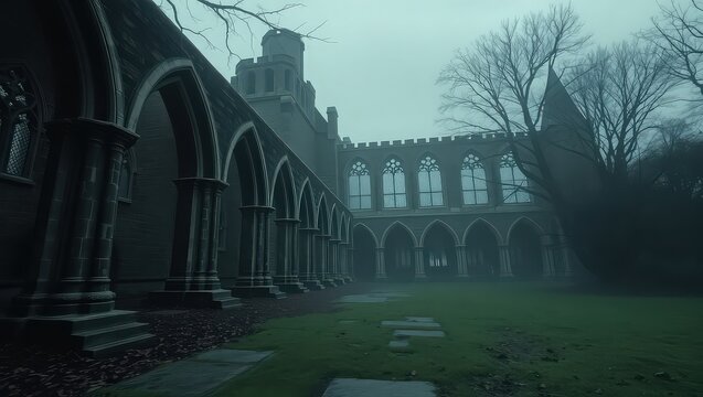 A misty view of a gothic architecture building with arches and a courtyard on a cloudy day outside