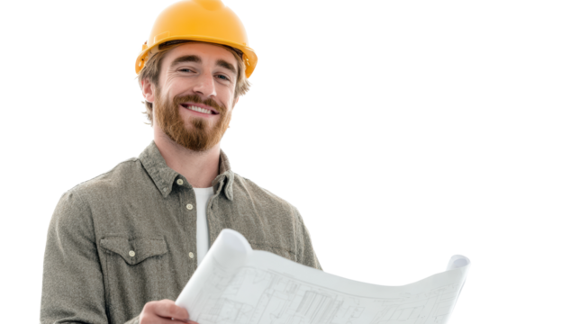 Construction worker holding blueprints, smiling, on white isolated background