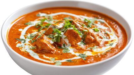 Delicious chicken curry served with fresh herbs and cream in a white bowl, white isolated background.