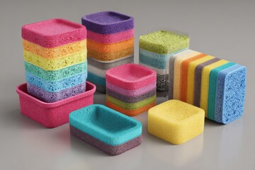 Vibrant colorful sponges stacked in rainbow hues for bath or kitchen cleaning, offering a refreshing cleanse