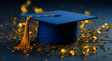 A blue graduation cap with a gold tassel and gold confetti on a dark blue surface under soft lighting