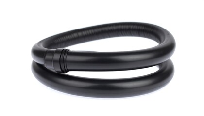 A close-up view of a black flexible water hose coiled neatly against a plain white background.