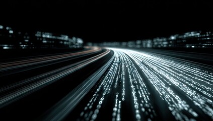 City highway streaks through digital code at night