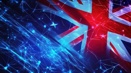 Australian flag overlaid with a network of glowing blue lines and connecting points design