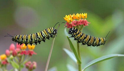 Two monarch caterpillars are perched on a vibrant flower stalk, showcasing their striking black and yellow striped patterns against a blurred natural background.