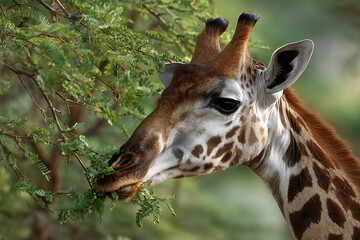 Obraz premium Gentle giraffe gracefully eating leaves from a lush green tree branch in its natural savanna habitat, a serene wildlife moment captured.