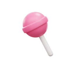 A vibrant, three-dimensional rendering showcases a sweet, pink lollipop with a circular candy head and a white stick, isolated against a dark background.