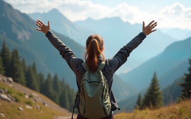 Women hiker or traveler with backpack adventure feeling victorious facing on the mountain, outdoor for education nature on vacation. Travel and Lifestyle Concept. High quality