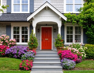 Obraz premium Home facade with vibrant flower beds