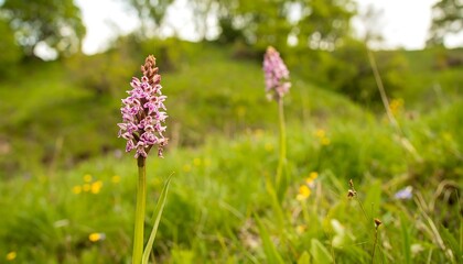 A vibrant, pink orchid stands tall amidst a meadow of green grass, showcasing delicate blooms against a soft, out-of-focus backdrop of nature's gentle landscape.