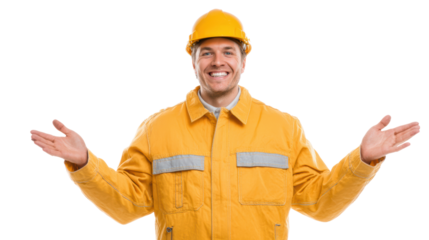 Happy worker in yellow safety gear, smiling widely with arms outstretched, expressing positivity and readiness.