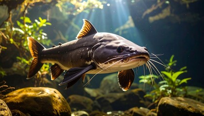 A magnificent, dark-hued fish swims gracefully in an aquarium, showcasing its impressive size and detailed scales.