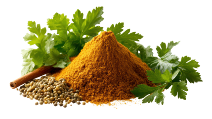 Heap of vibrant turmeric powder with fresh cilantro leaves on a white background.