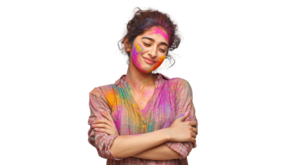 Joyful woman celebrating with colorful powders during a festival, white isolate background.