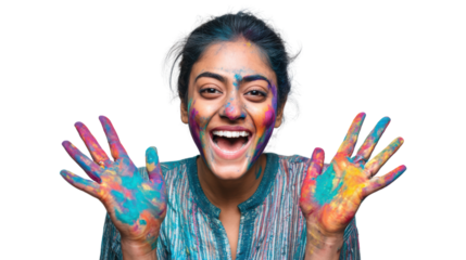 Joyful woman celebrating with colorful paint on hands and face, isolated on a white background.