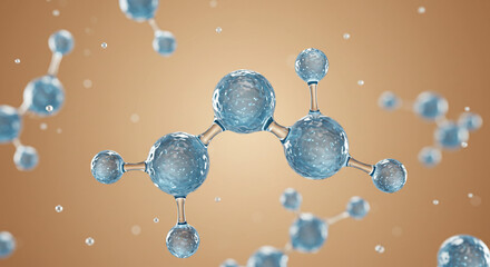Illustrated molecular structure with blue spheres and connecting rods on a gradient background