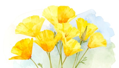 Vibrant yellow California poppies in a delicate watercolor style, featuring soft, muted pastel backgrounds and a cheerful aesthetic.