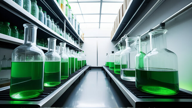 Sustainable chemical processes in green chemistry, visualizing zero-waste reactions, energy-efficient catalysts, and renewable feedstocks