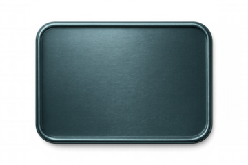 Empty metallic teal rectangular plate with rounded edges, brushed metal surface, isolated on transparent background, ideal for mockups and presentations