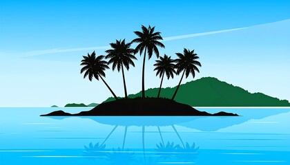 Obraz premium Tropical paradise island vector with palm trees silhouette and ocean reflection