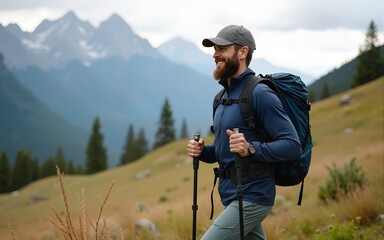 Smiling man hiking in the mountains using poles and looking away. High quality