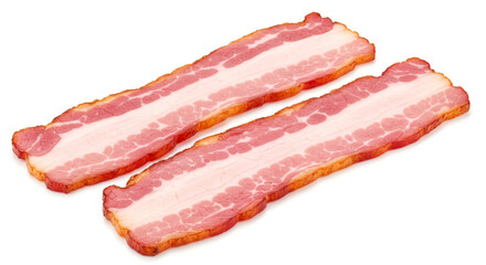 Two strips of uncooked bacon with visible fat marbling lying side by side on a plain white background