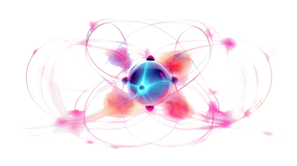 Abstract glowing atom model with energy particles and futuristic science concept isolated on white background