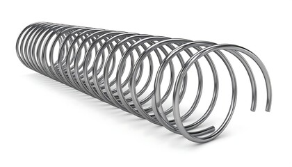 A metallic coil spring, long and slender,  extends diagonally across a white background