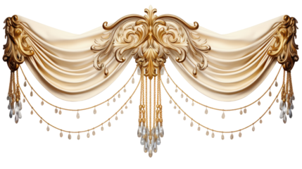 Luxury golden decorative curtain with baroque style drapery and crystal ornaments isolated on white background