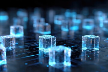 Close-up view of glowing, translucent cubes.  Dark background with network lines.  Abstract technology concept