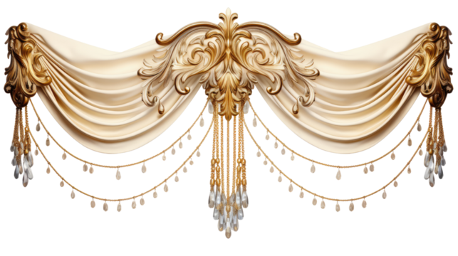 Luxury golden decorative curtain with baroque style drapery and crystal ornaments isolated on white background