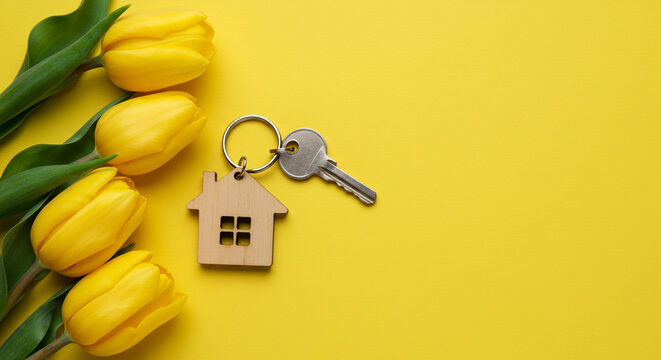A house key with a wooden house keychain and yellow tulips on a bright yellow background for real estate