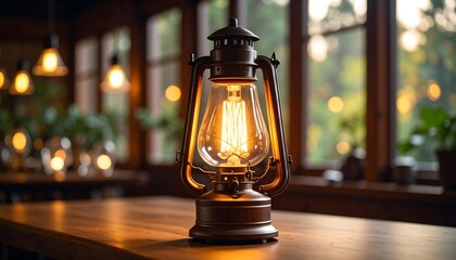 A warm and inviting antique-style lantern casts a gentle glow on a wooden surface, highlighting the vintage charm of the room.