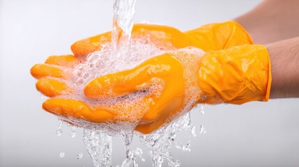 Cleansing Ritual: Hands in yellow protective gloves, under the pouring water in a focused act, creating cleansing bubbles. A symbol of hygiene and care.