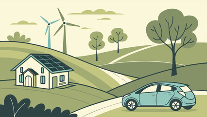 Sustainable Living A Scenic Illustration of Eco-Friendly House with Wind Turbines and Electric Car