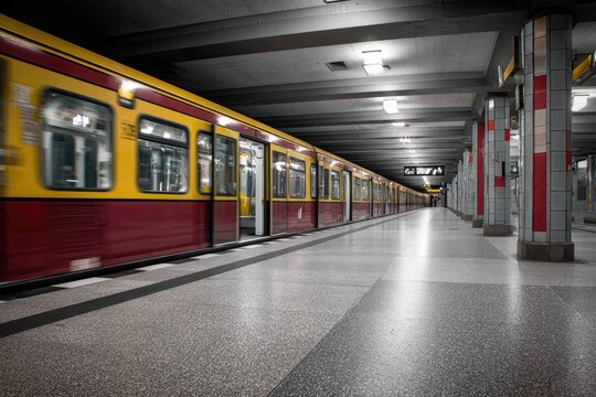 Moving subway train at a station platform. - Powered by Adobe